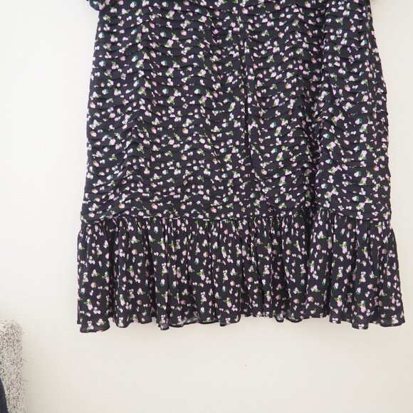 Tanya Taylor Black Floral Pansy Puff Sleeve V-Neck Ruched Flounce Silk Dress - Picture 11 of 12